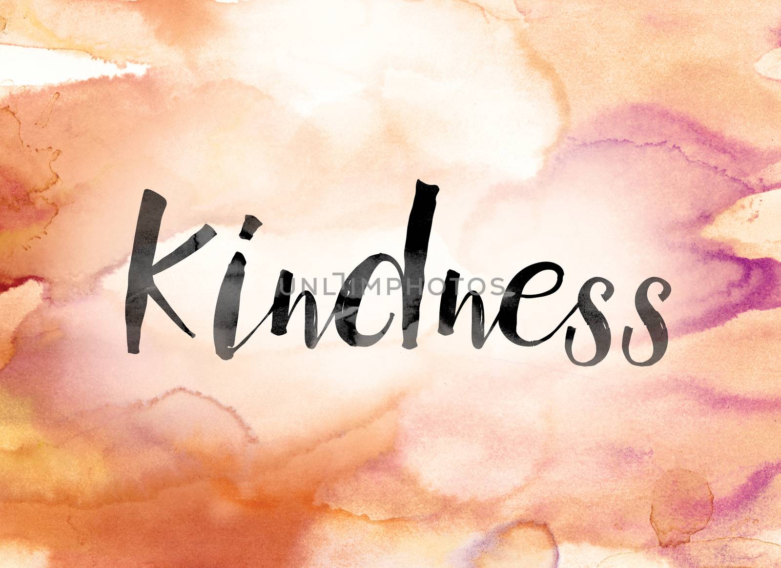 The word "Kindness" painted in black ink over a colorful watercolor washed background concept and theme.