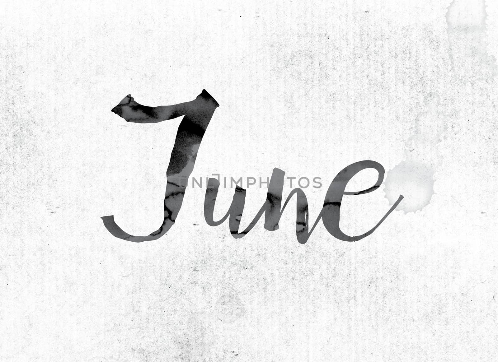 The word "June" concept and theme painted in watercolor ink on a white paper.