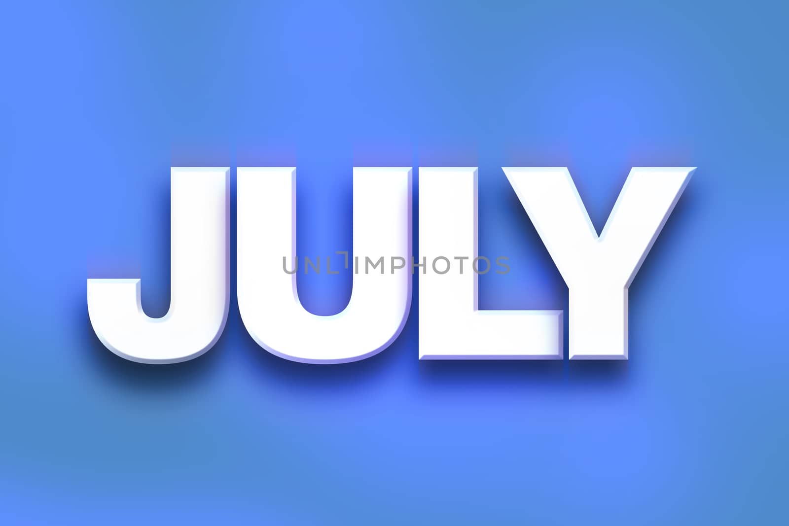 The word "July" written in white 3D letters on a colorful background concept and theme.