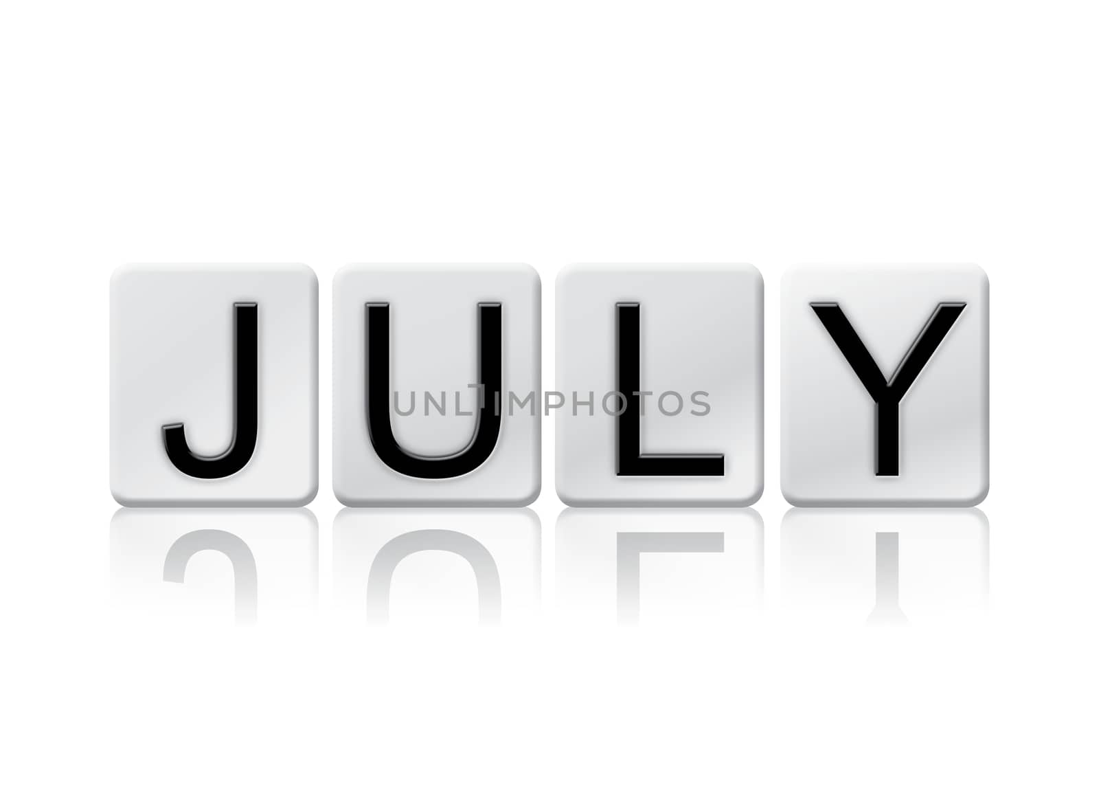 The word "July" written in tile letters isolated on a white background.