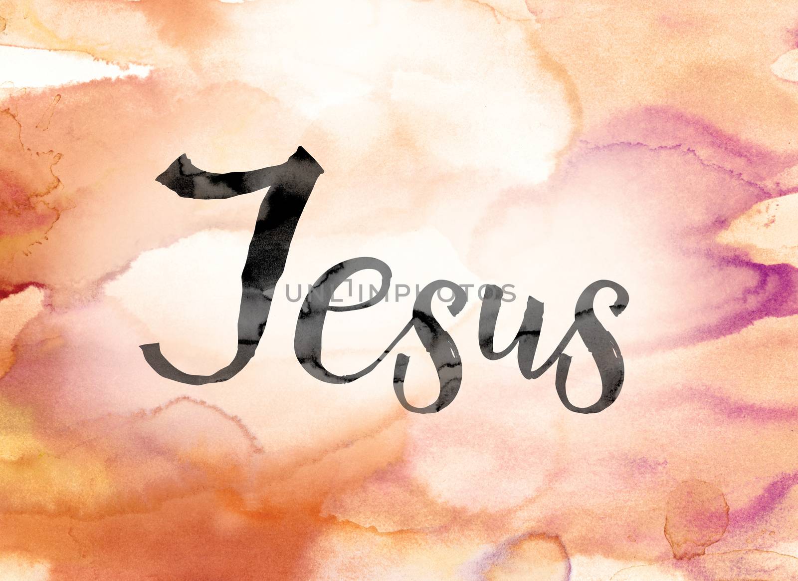 The word "Jesus" painted in black ink over a colorful watercolor washed background concept and theme.