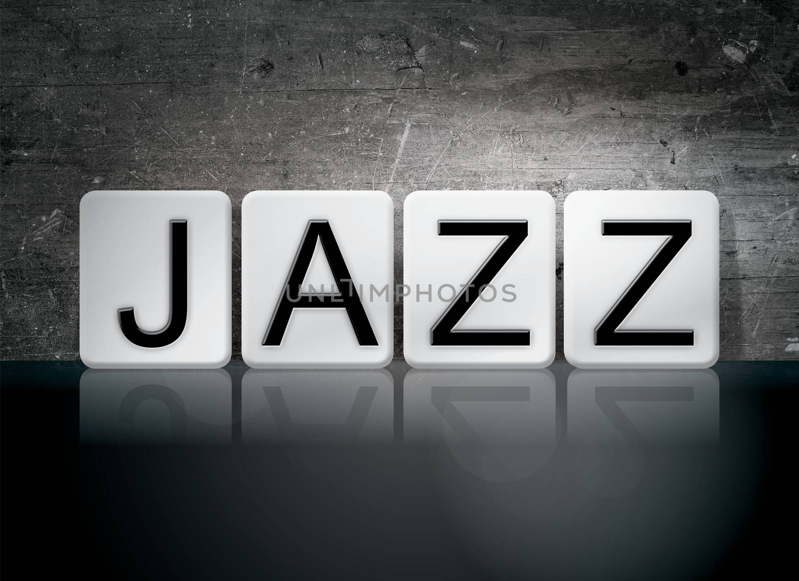 The word "Jazz" written in white tiles against a dark vintage grunge background.