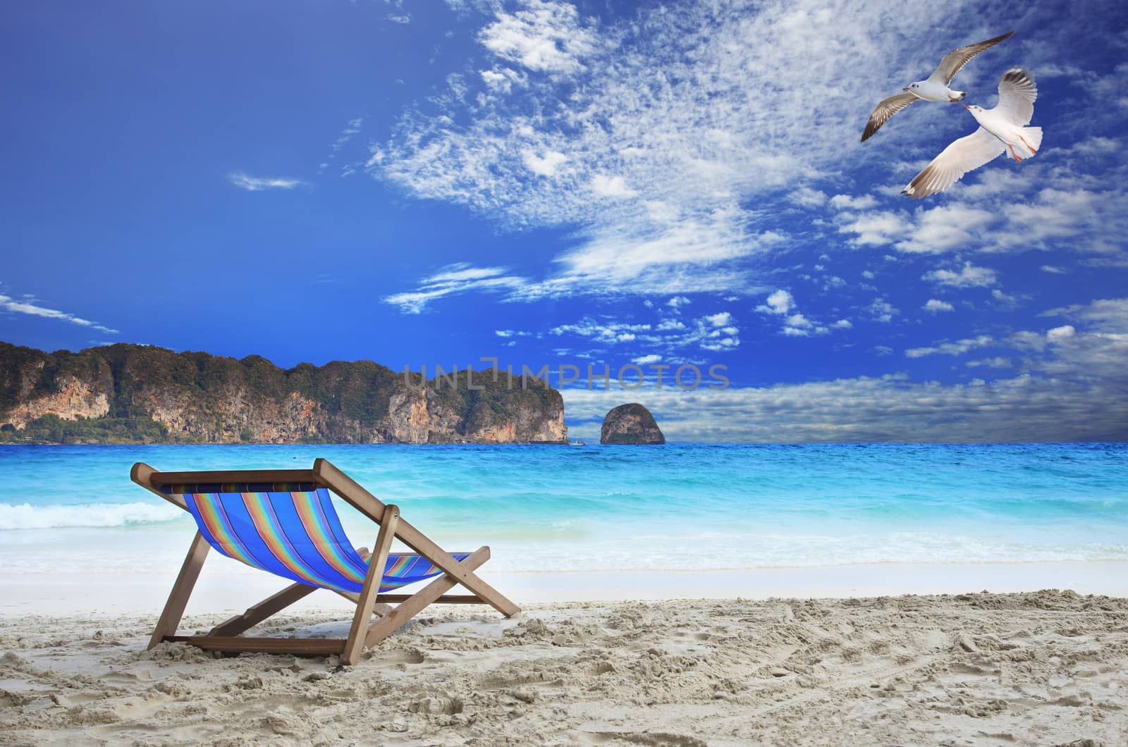  wood chairs beach at sea side with beautiful sea gull birds flying on blue sky and line stone island against ocean horizontal use as vacation and holiday natural background