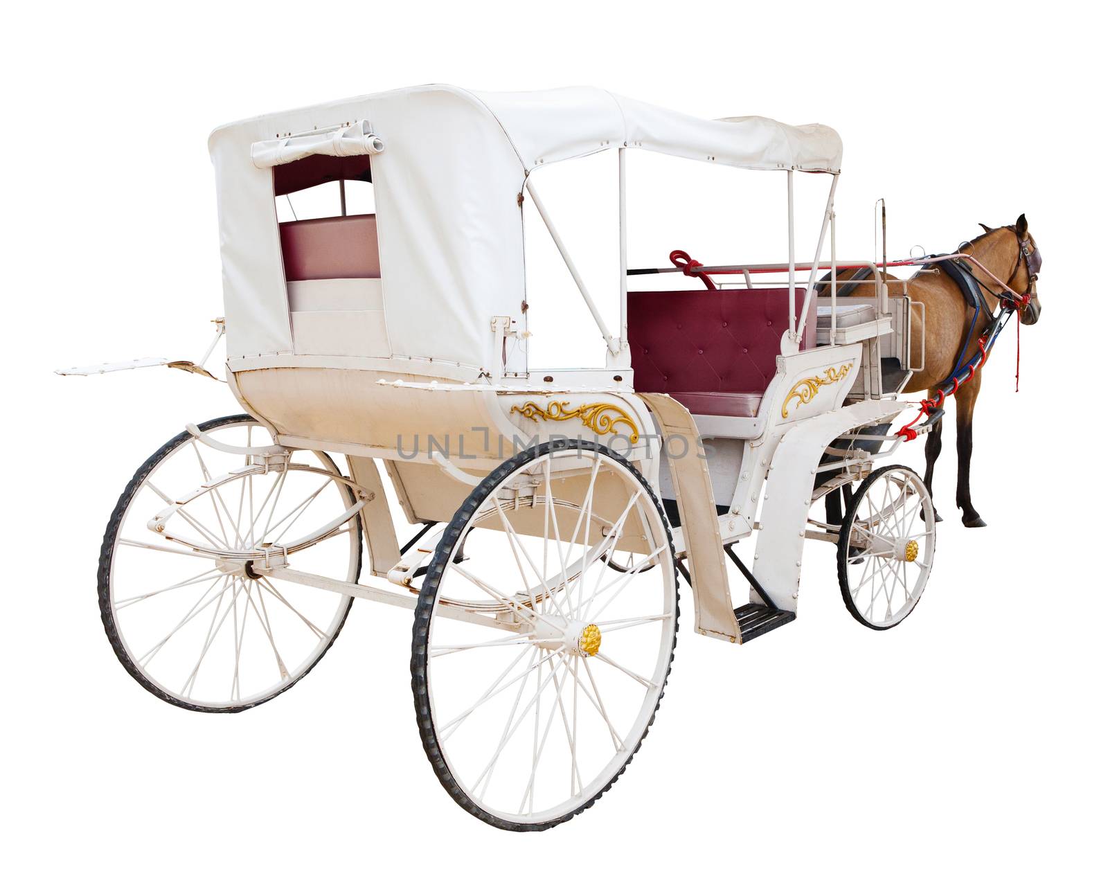 rear view of horse fairy tale carriage cabin isolated white background use for transport decoration object 