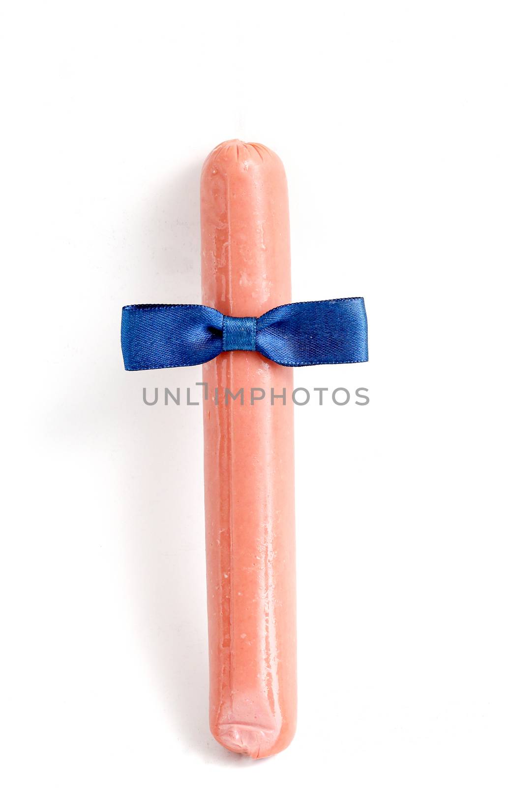 pcture of a bow-tie on a sausage on white background