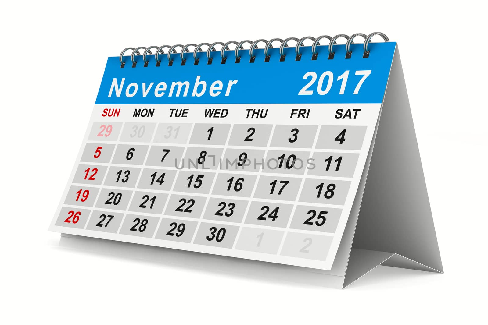 2017 year calendar. November. Isolated 3D image