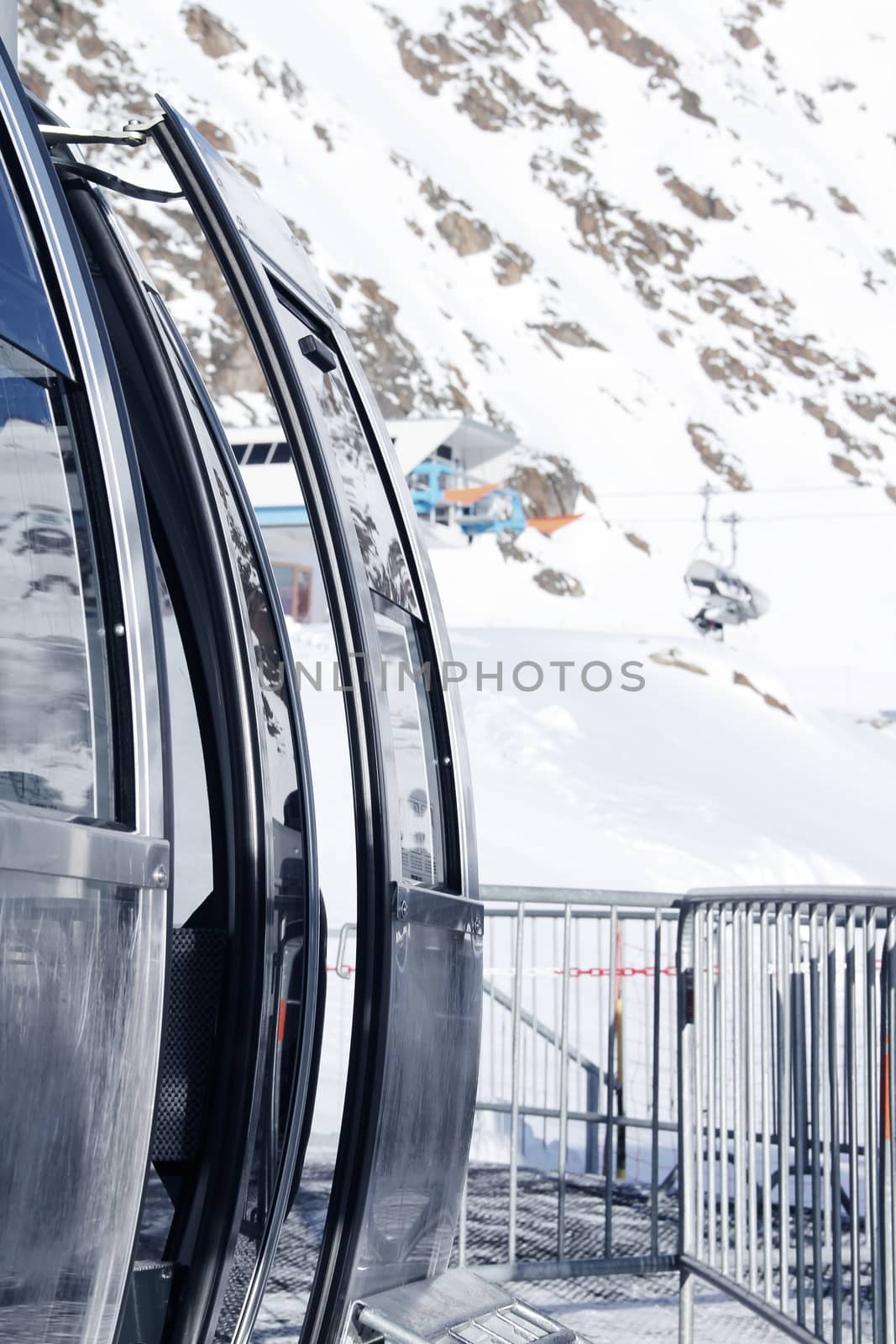 Ski lift cabin in high winter mountains in Solden, Austria