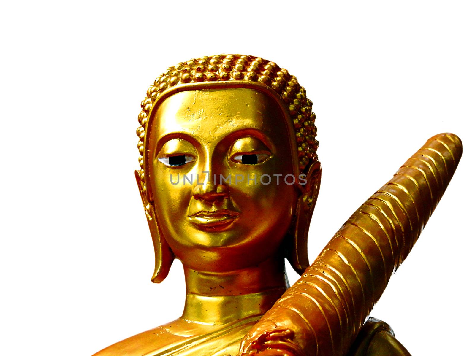 Golden buddha statue isolated on white background.