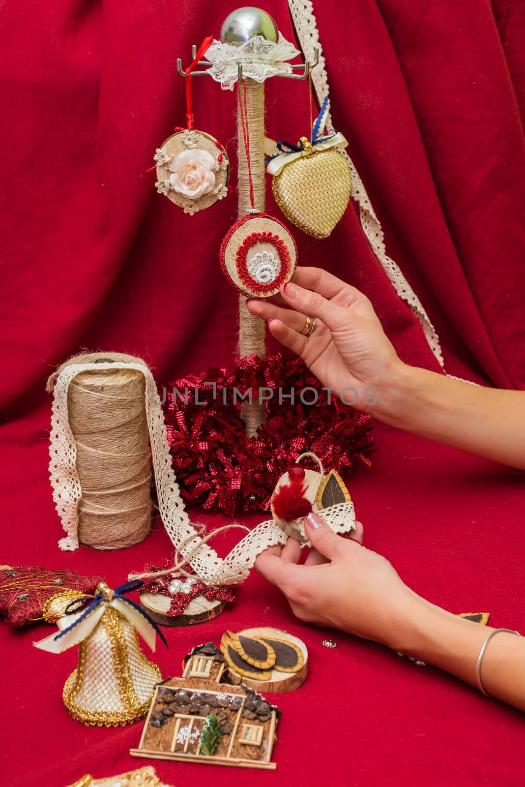 Christmas toys and decorations are handmade by women's hands