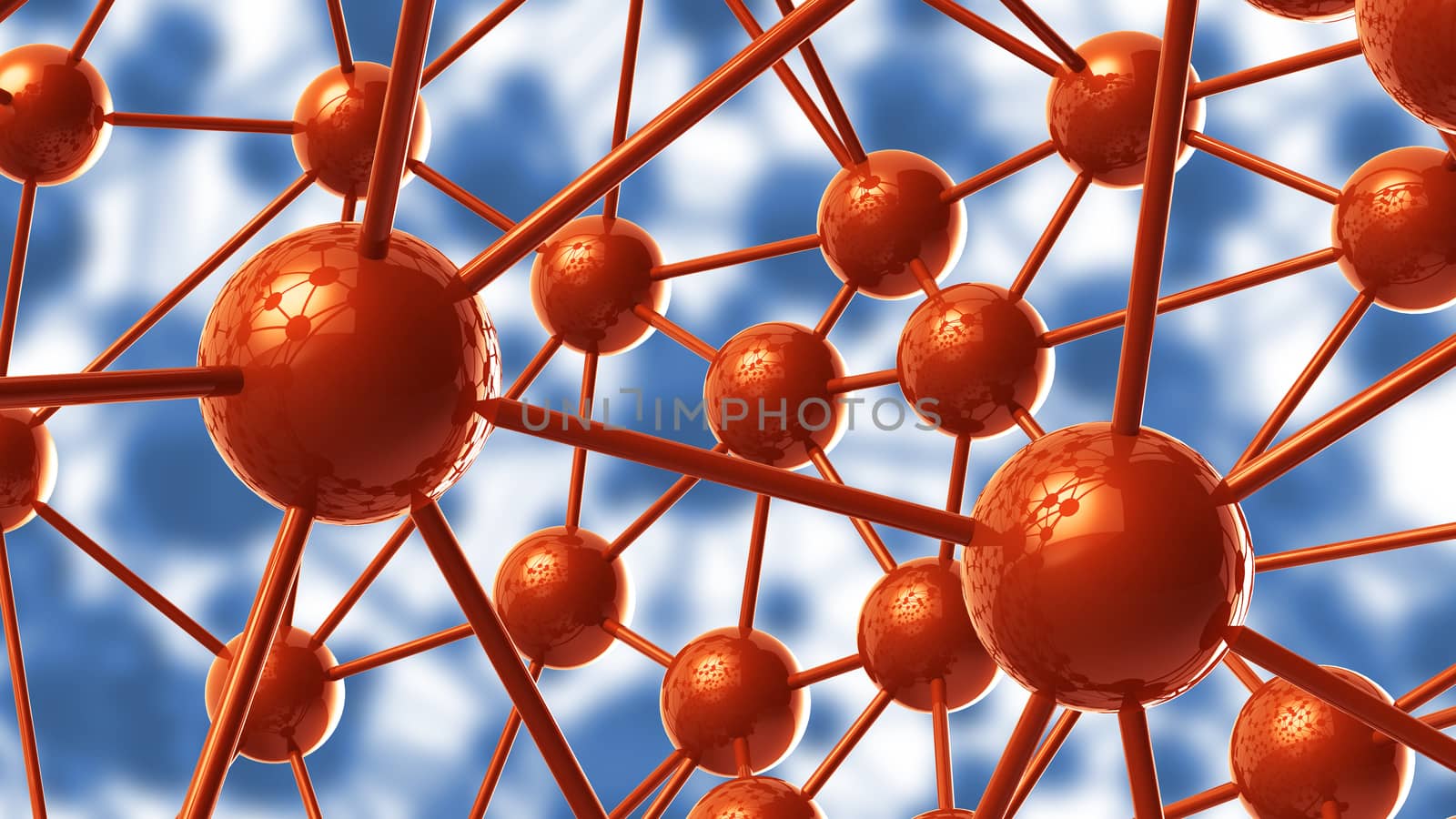 blue and orange Molecular geometric chaos abstract structure. Science technology network connection hi-tech background 3d rendering illustration.