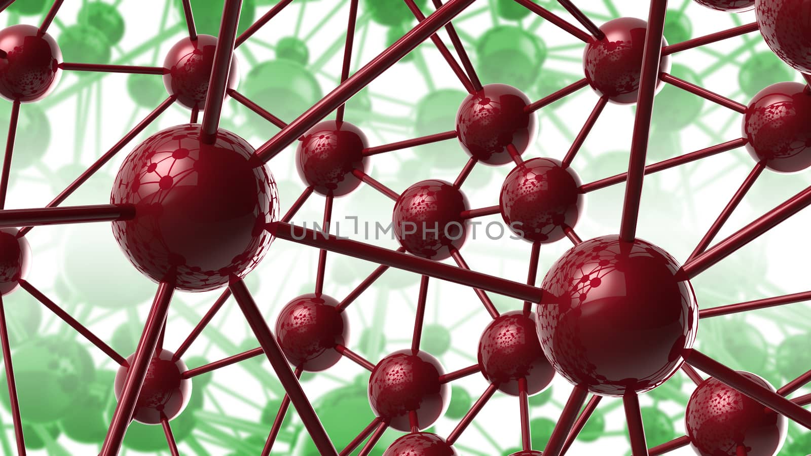 red and green Molecular geometric chaos abstract structure. Science technology network connection hi-tech background 3d rendering illustration.