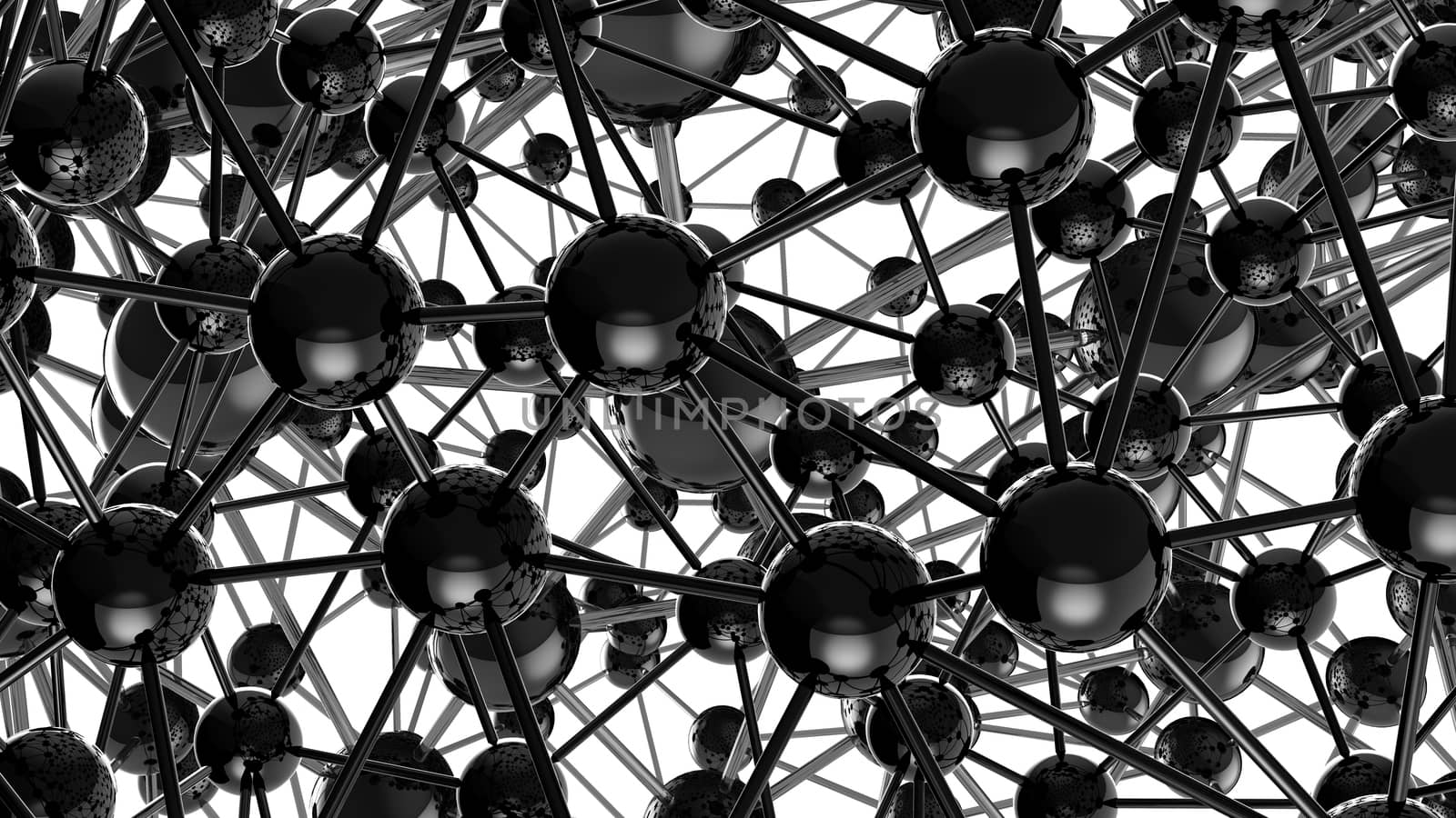 black Molecular geometric chaos abstract structure. Science technology network connection hi-tech background 3d rendering illustration by skrotov