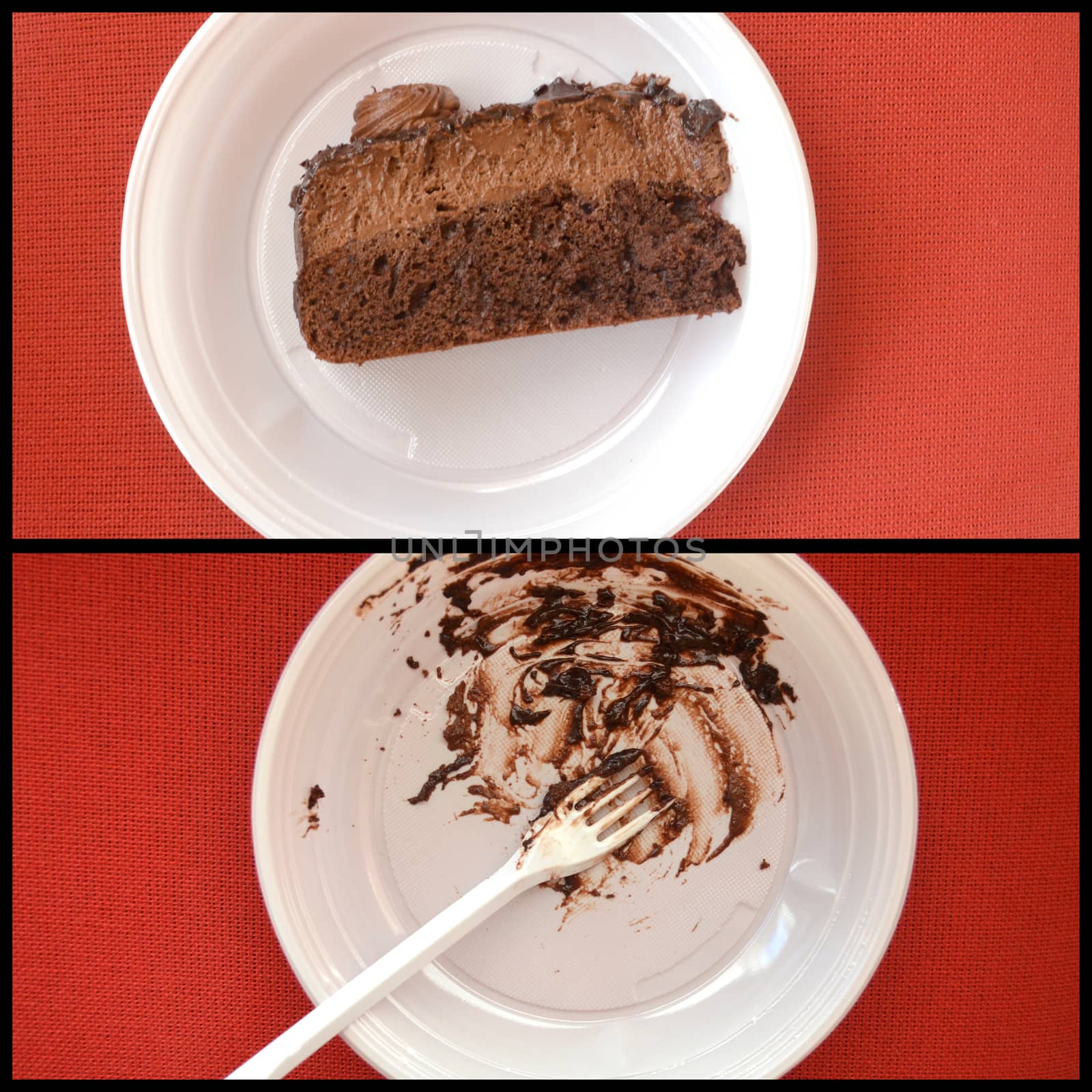 picture of a Dark chocolate cake in a plastic plate, before and after
