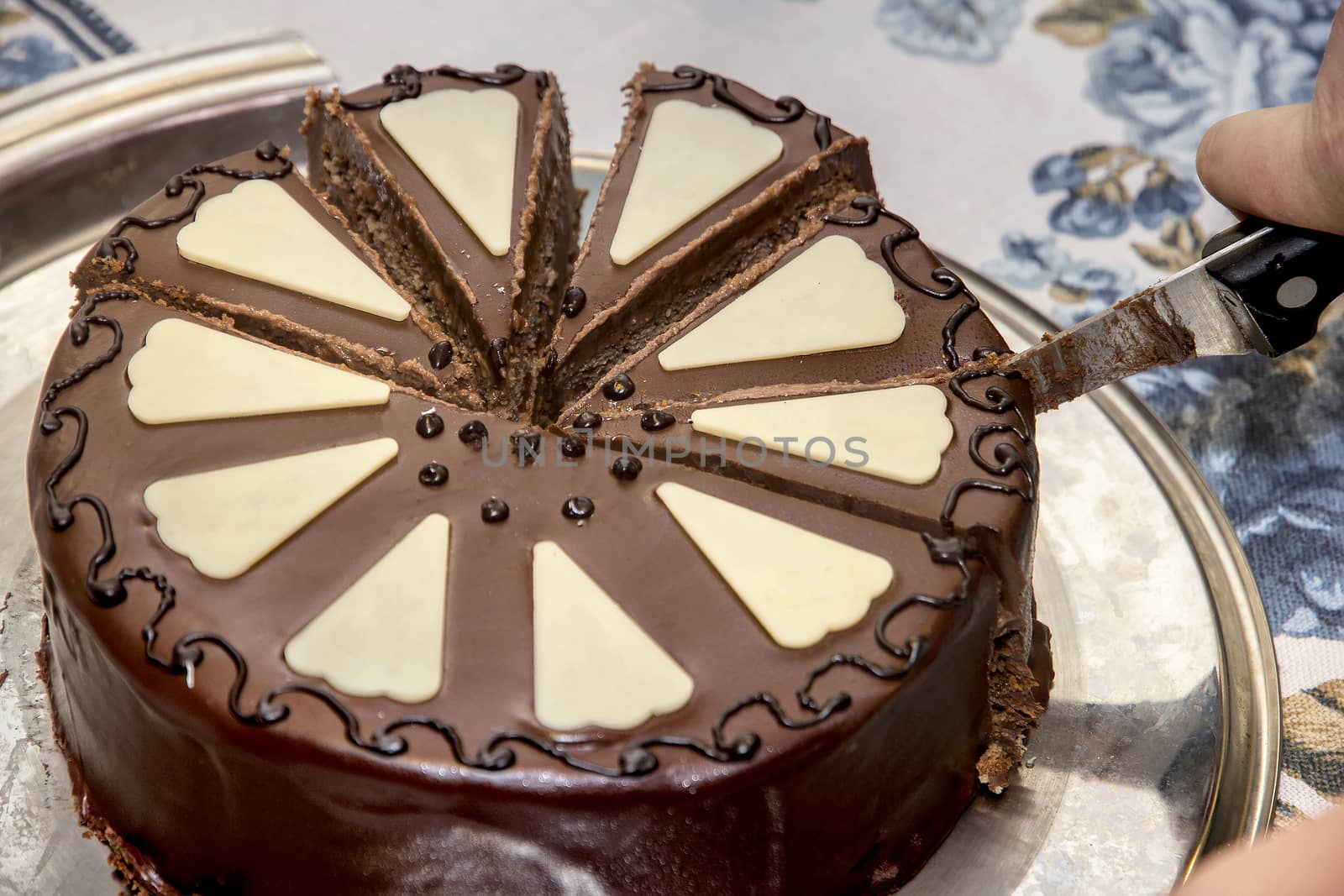 delicious chocolate sacher cake , cutting the piece with knife by EdVal