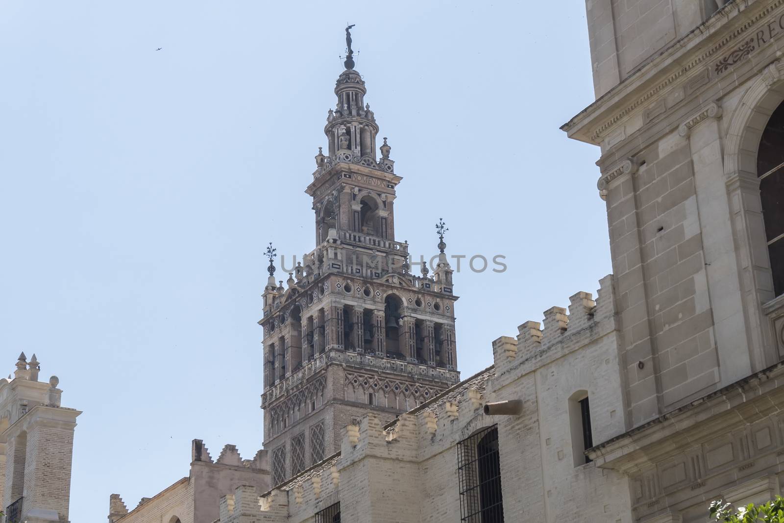 Bell tower Giralda, former minaret of Cathedral church, Seville, Spain