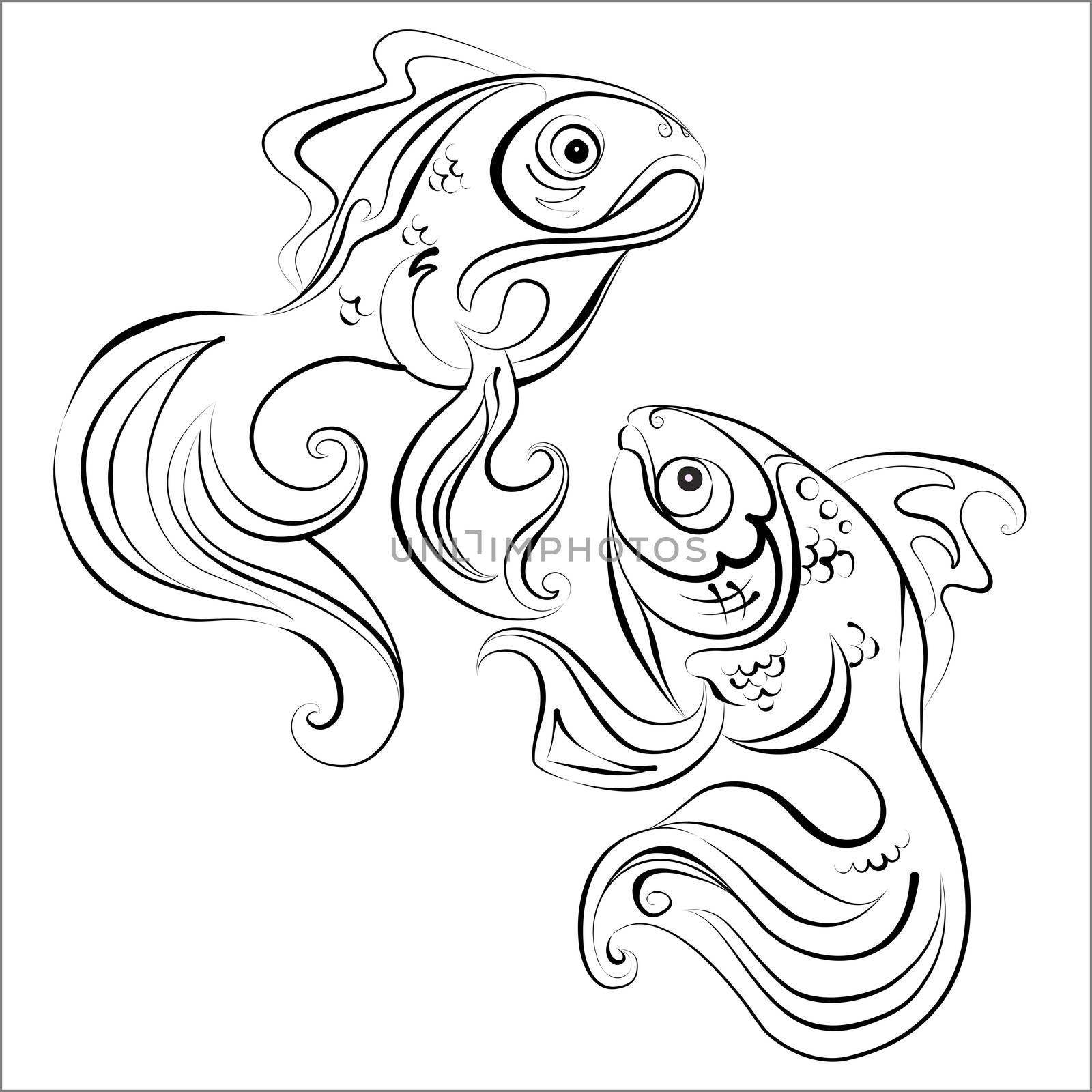 Illustration of two stylized Golden fish with no fill color by Madhourse