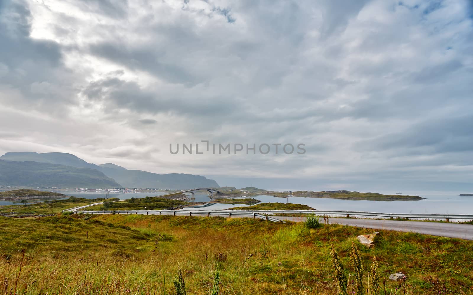 Norway cloudy summer day. Bridges to islands over fjord on Lofoten islands