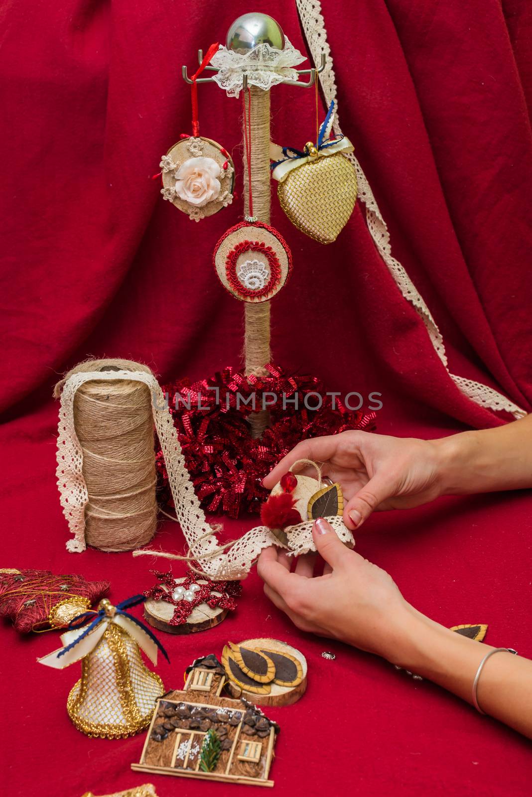 Christmas toys and decorations are handmade by women's hands