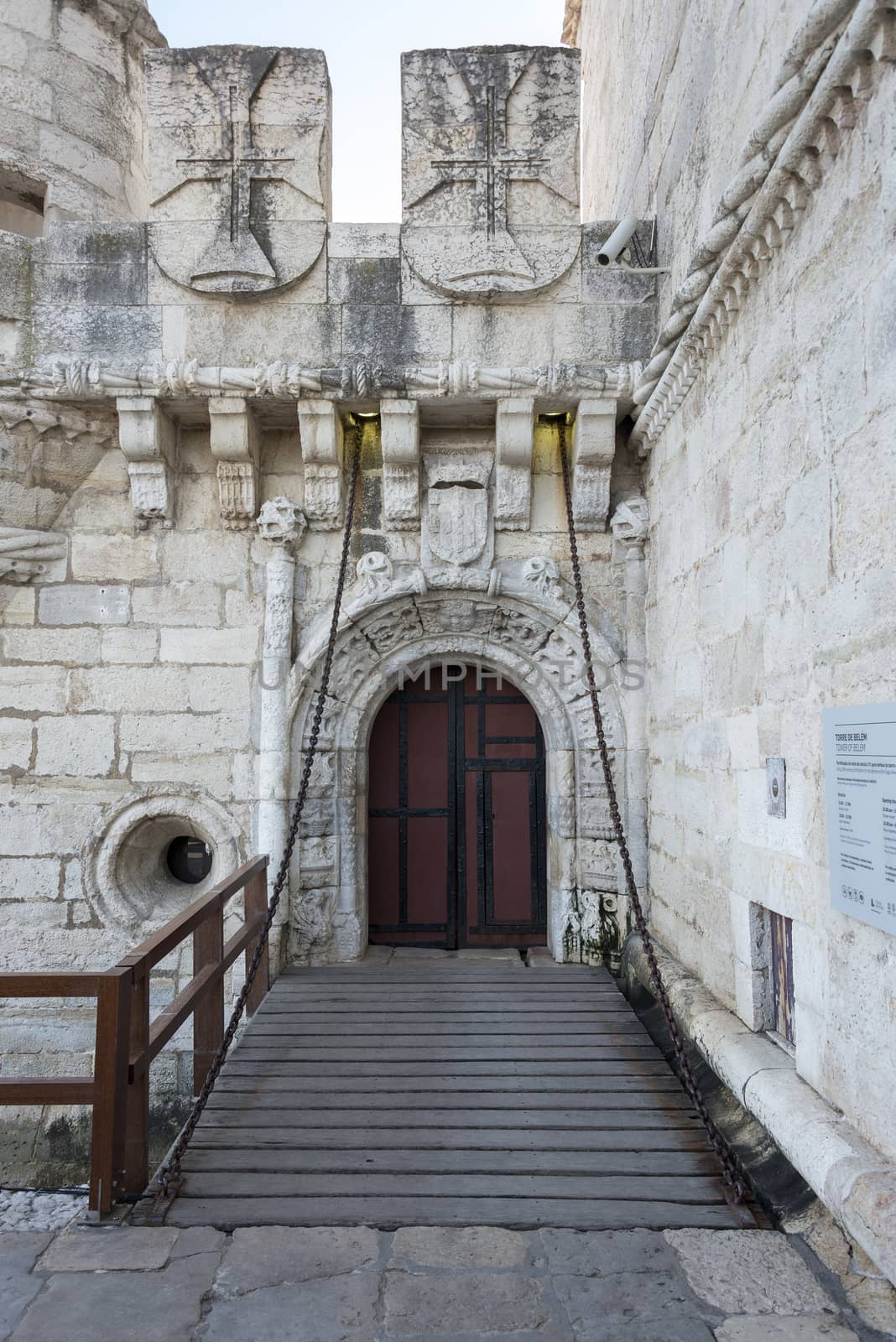 entrance with the old bridge to the belem tower in Lisbon Portugal