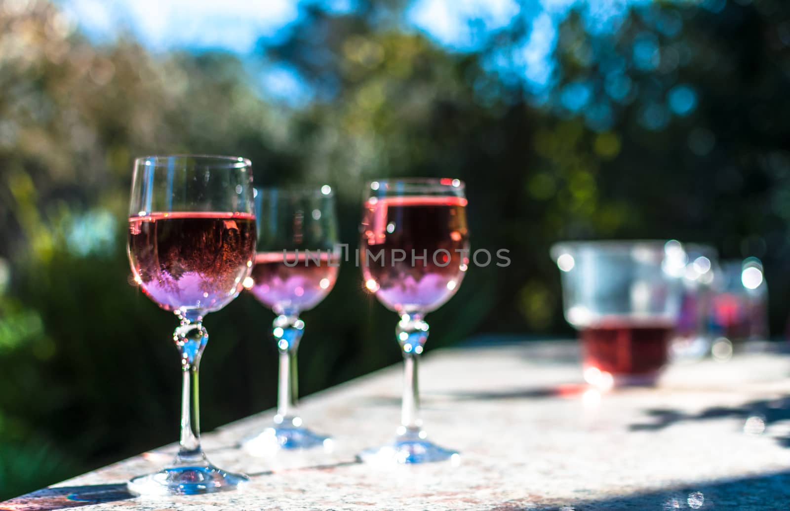 Pink wine in stemmed glasses on a table in a garden by replica
