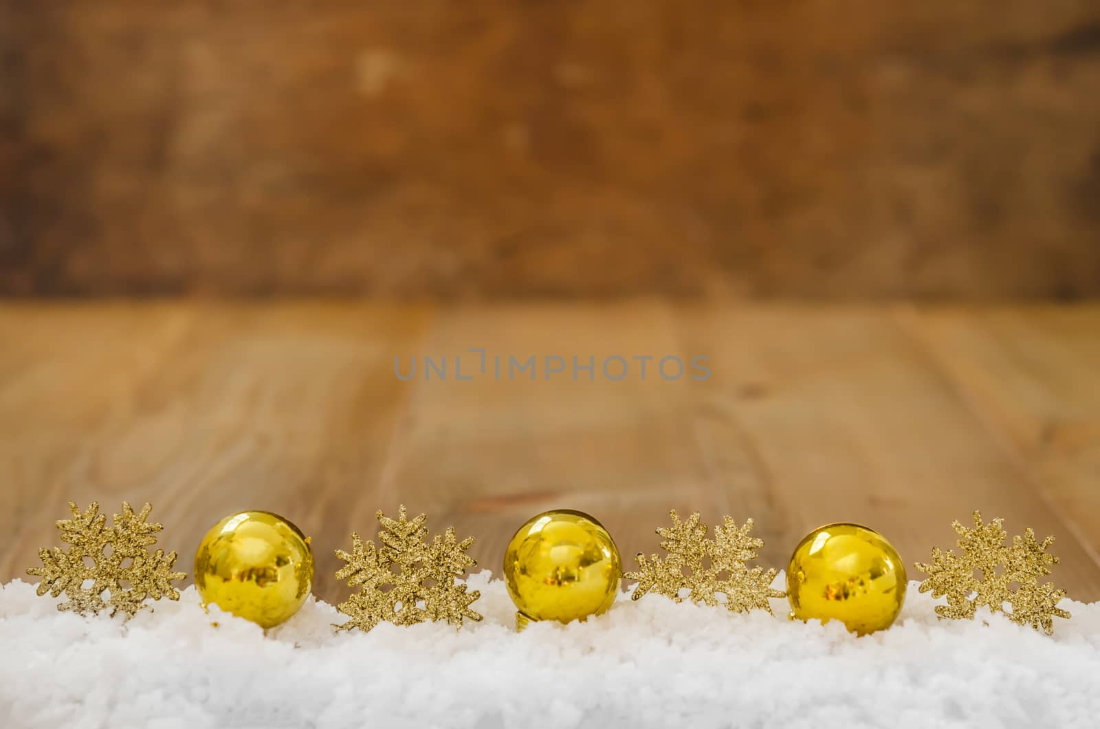 Christmas Decoration  With Snow Over Wooden Background