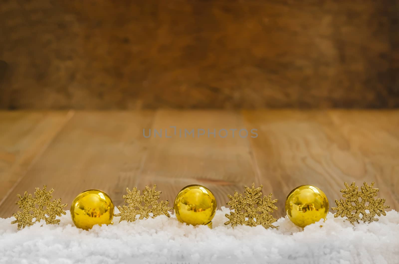Christmas Decoration  With Snow Over Wooden Background