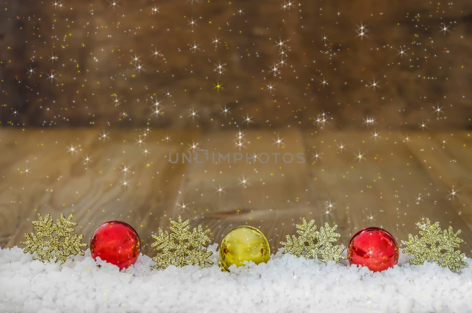 Christmas Decoration  With Snow Over Wooden Background