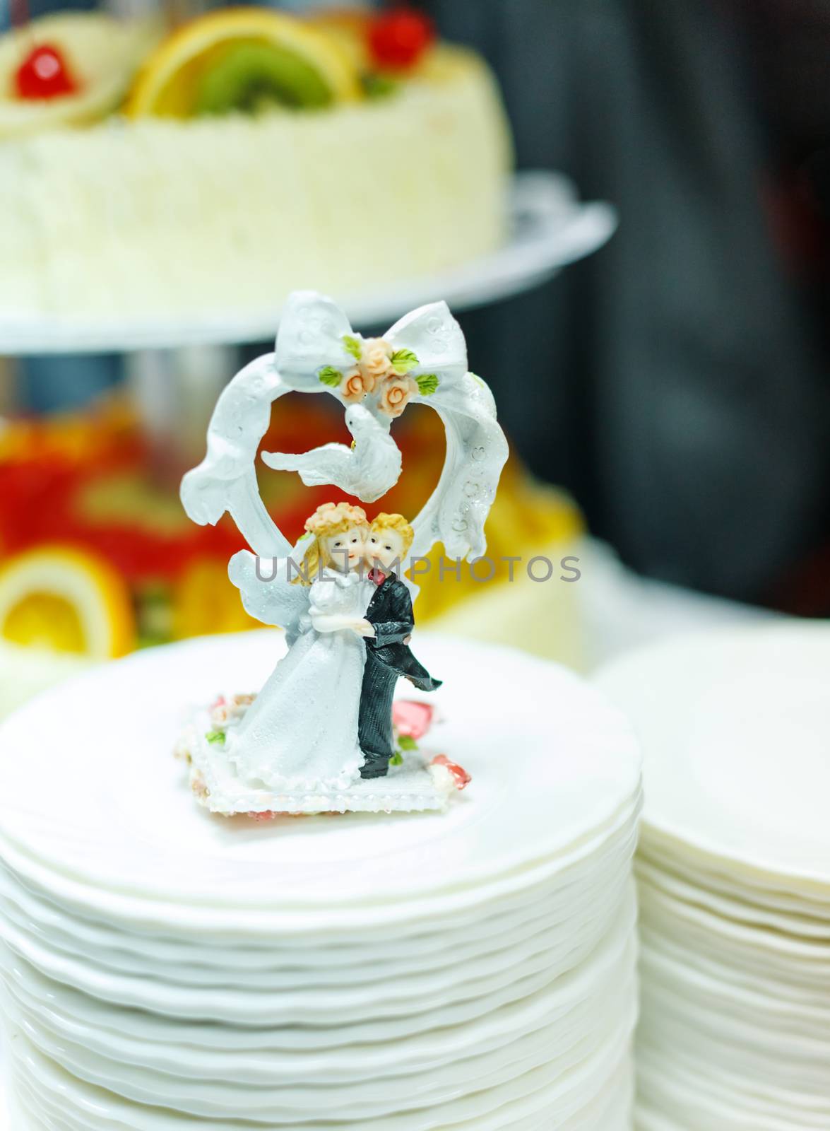 wedding dolls posing with dove for wedding cake with bokeh background