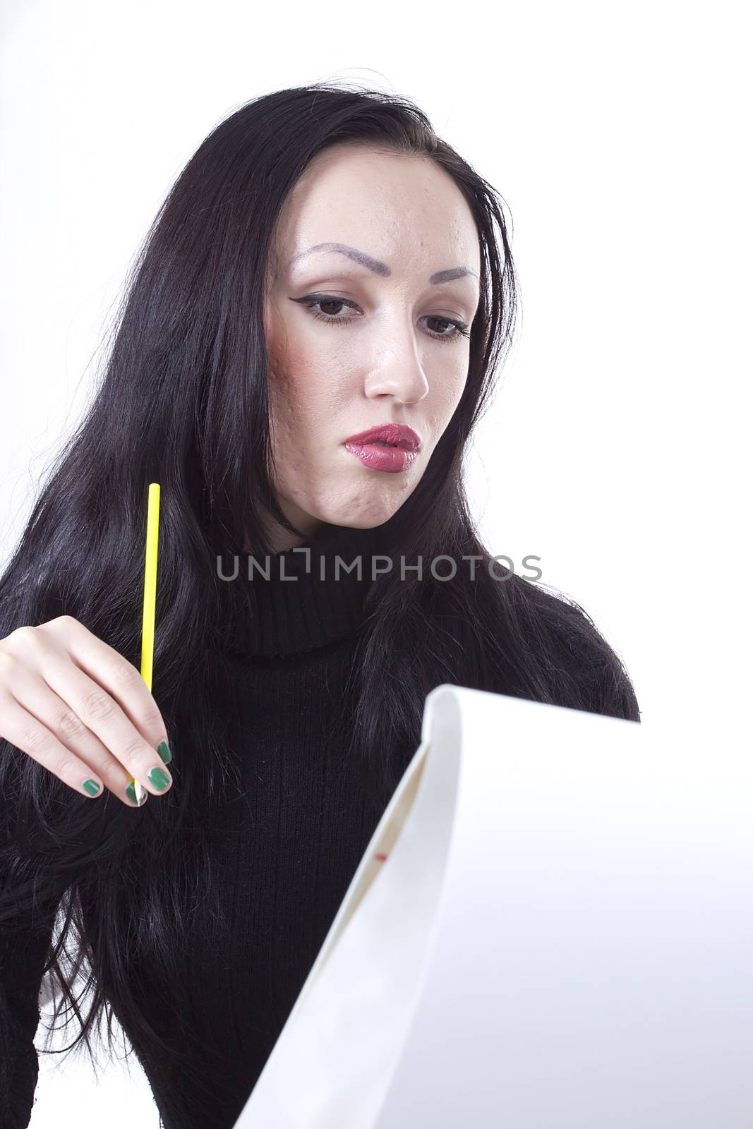 Young girl artist drawing pencils and paints