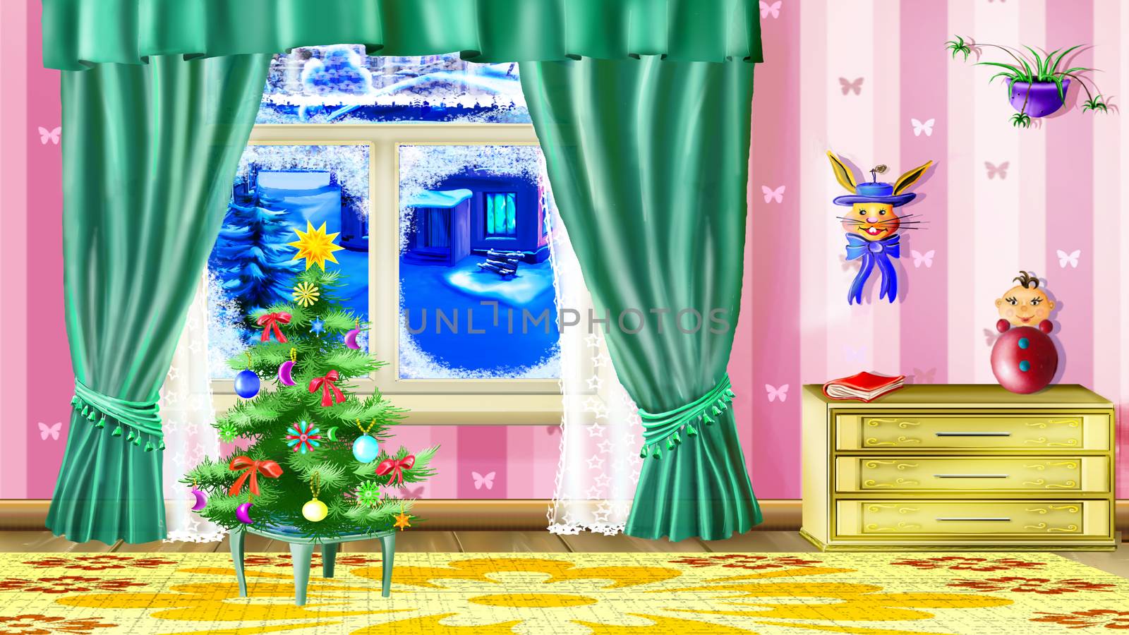 Beautiful Small Christmas Tree in a Living Room with furniture and toys.  Handmade illustration in a classic cartoon style.