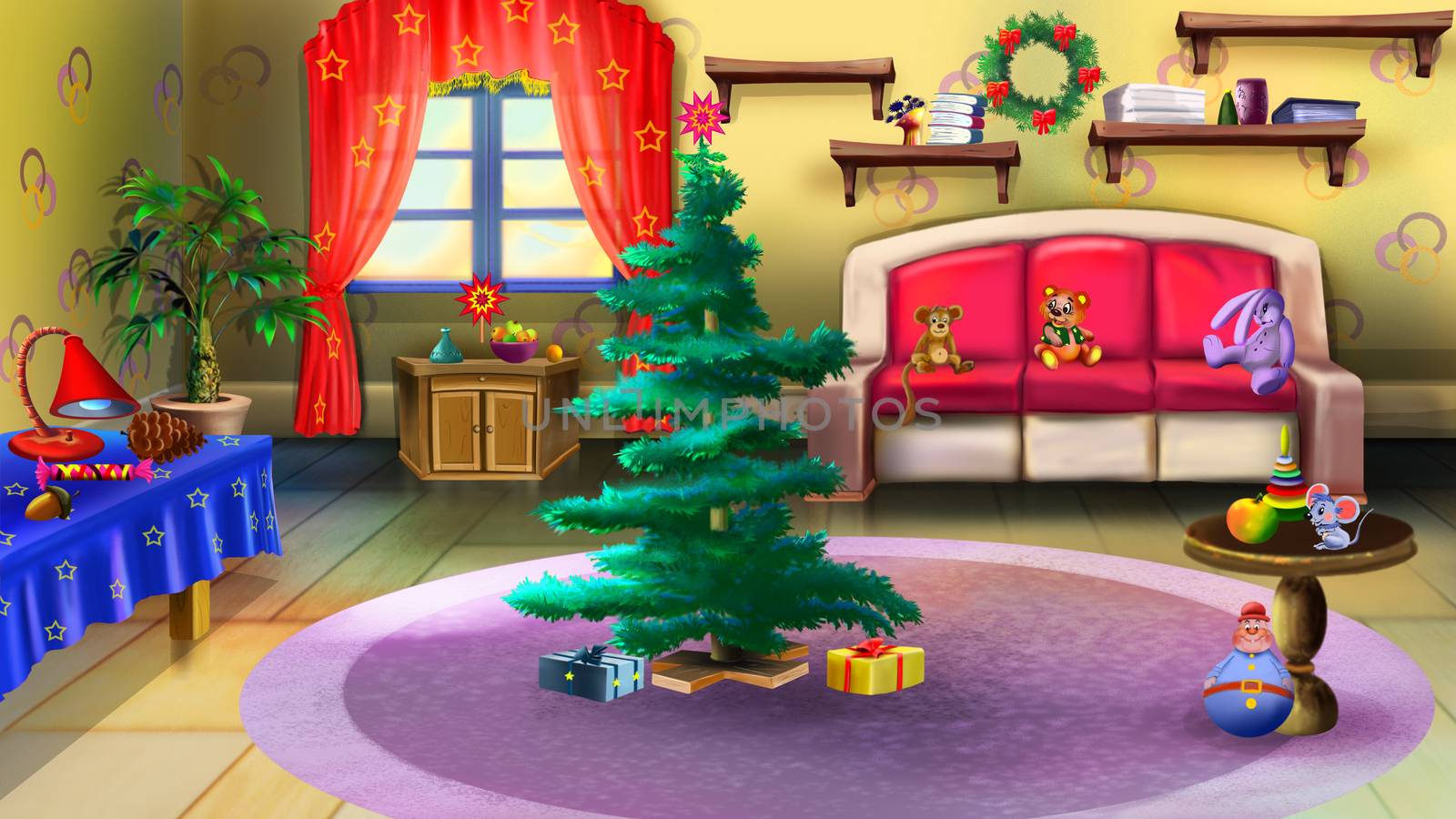 Christmas Tree in Baby Room Interior. by Multipedia