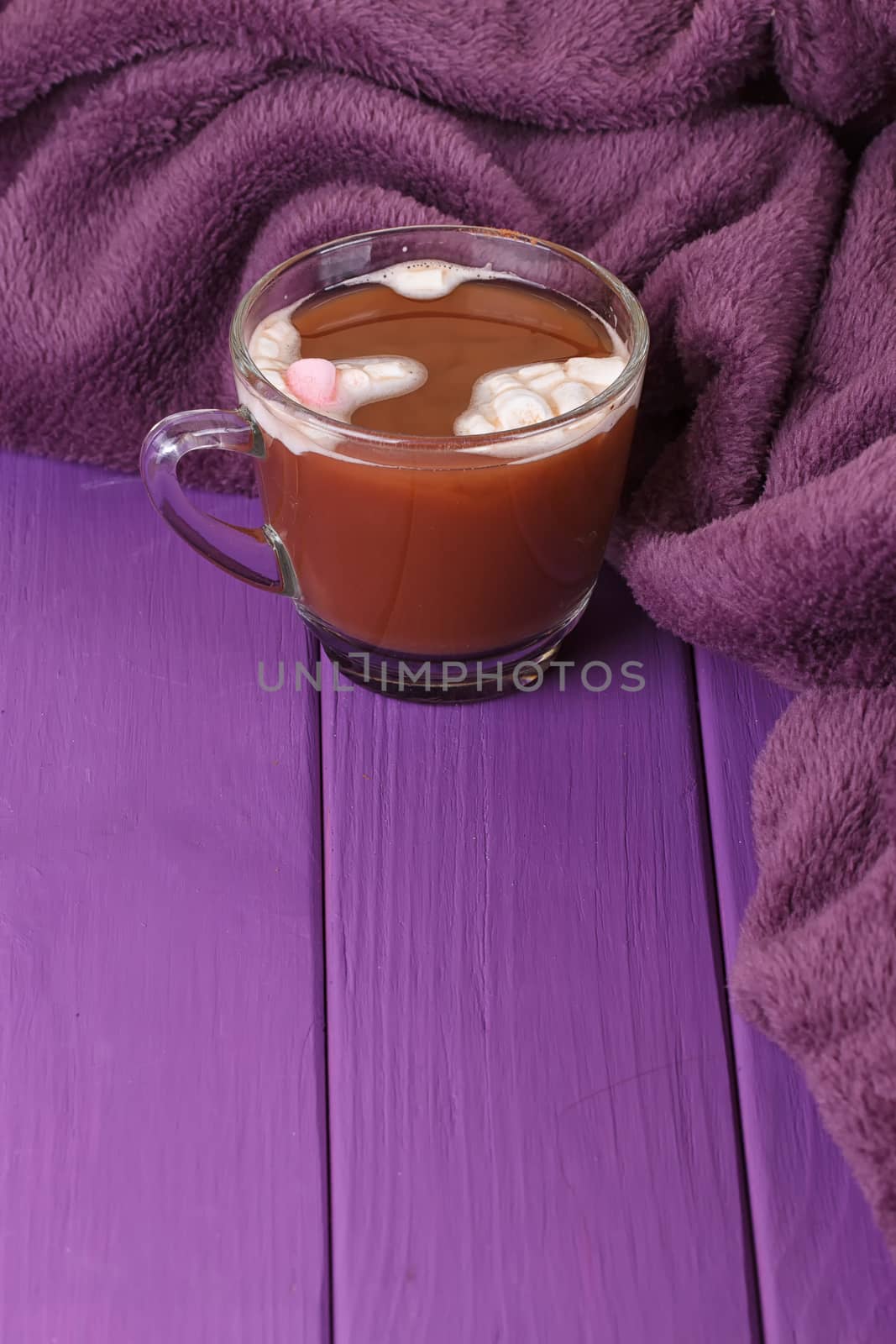 Hot Cocoa or chocolate, cozy knitted blanket. Winter still life.