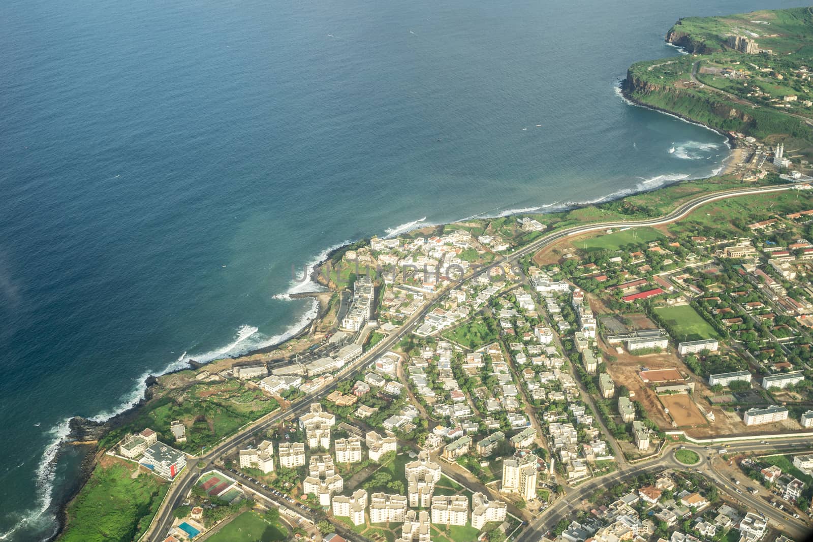 Aerial view of the Capital city of Dakar, Senegal along the Atlantic Ocean Coast