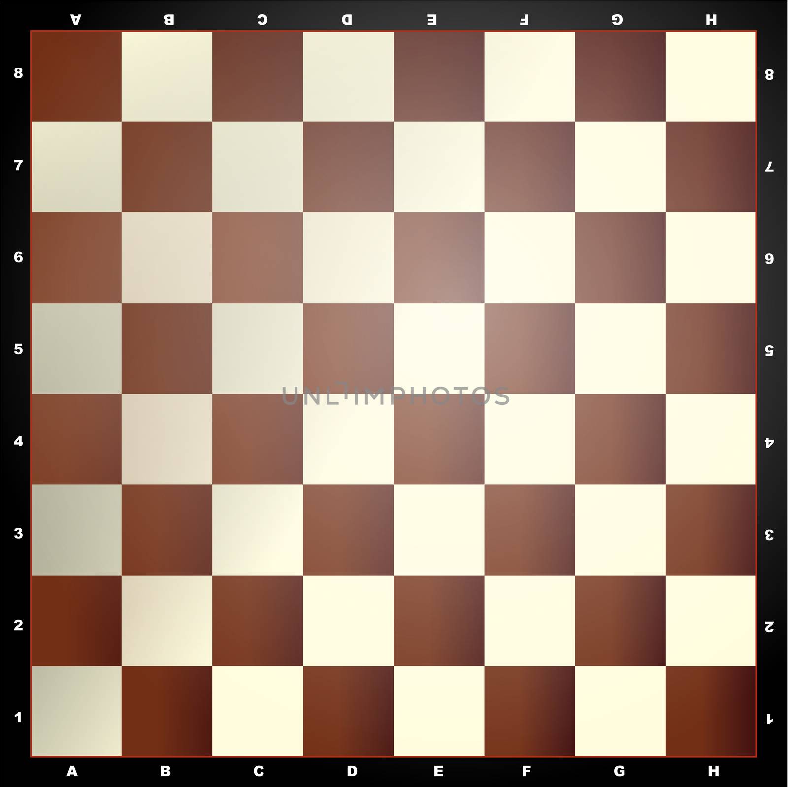 Square board divided into sixty four alternating dark and light squares, used for playing chess or checkers. Color illustration.