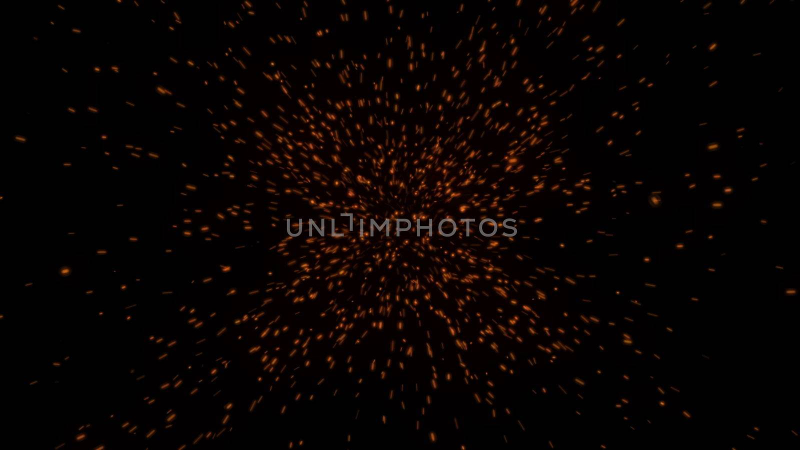 Hot glowing embers with black background. Glittering particles sparkle