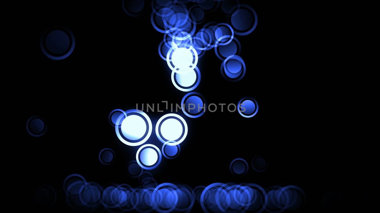 Falling and bouncing particles. Blue bokeh background