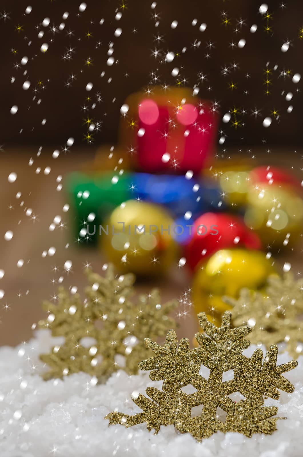 Christmas Decoration With Snow Over Wooden Background