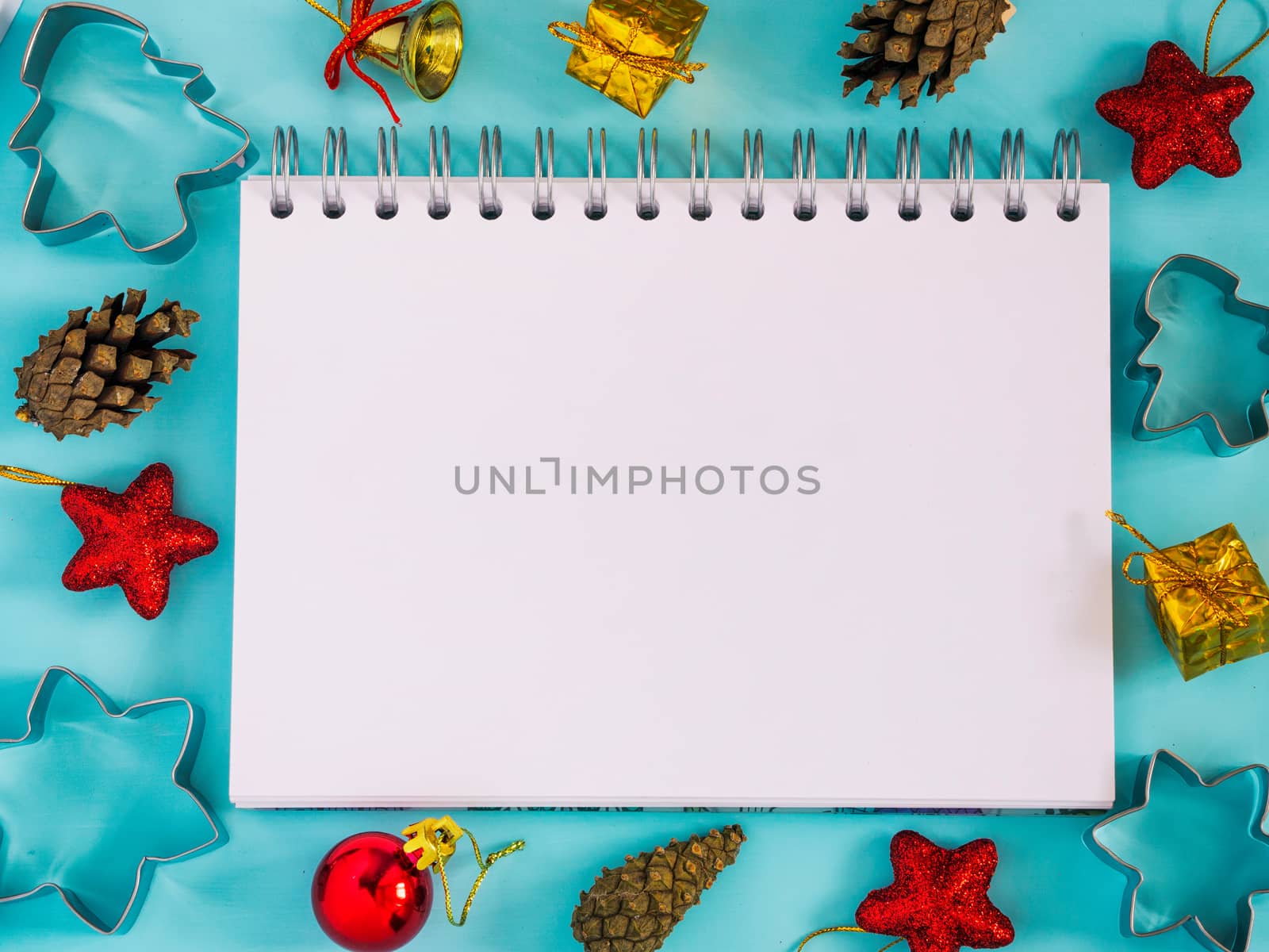 Christmas background with blank notebook by fascinadora