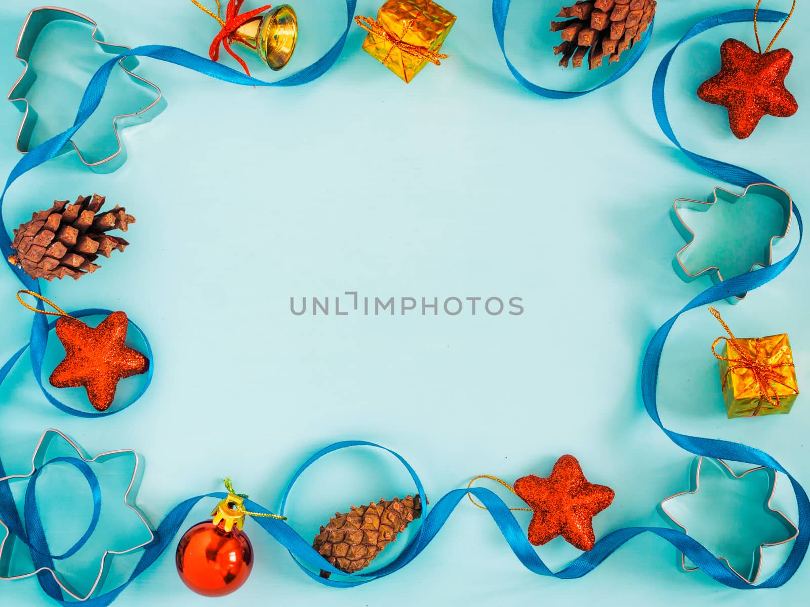 Christmas background with decorations and copy space for text. Top view or flat lay. Toned image