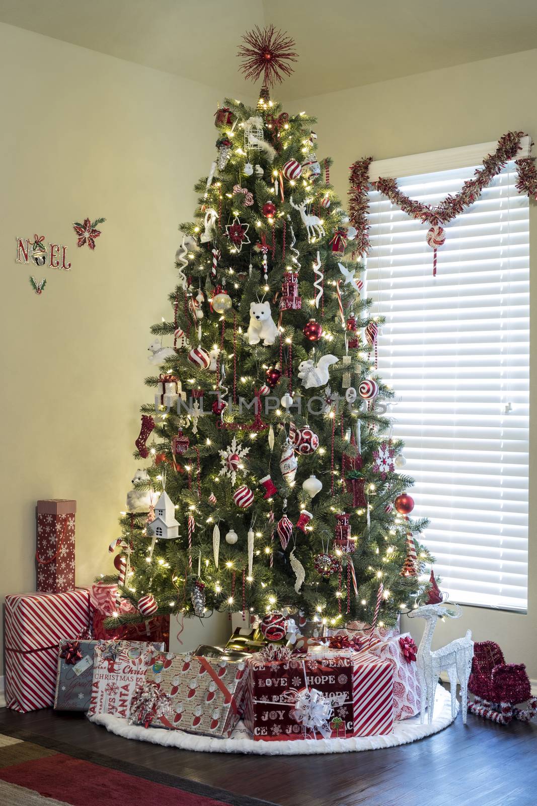 Beautifully decorated Christmas tree with gifts inside new home