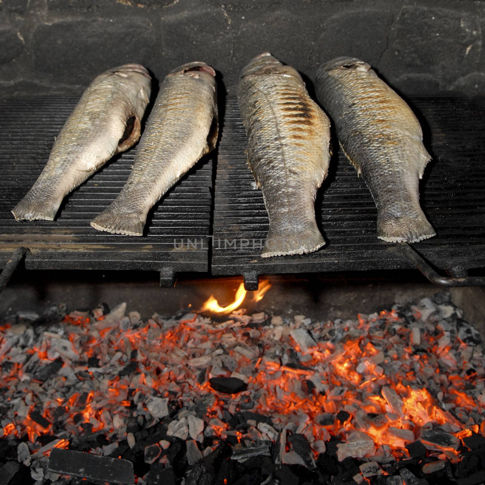 Traditional fish grilling, fish skewed on wood, barbecue, France