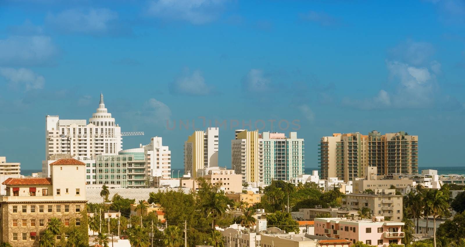 The view on buildings at South Beach, Miami Beach, Florida, USA, from the west part of the city.