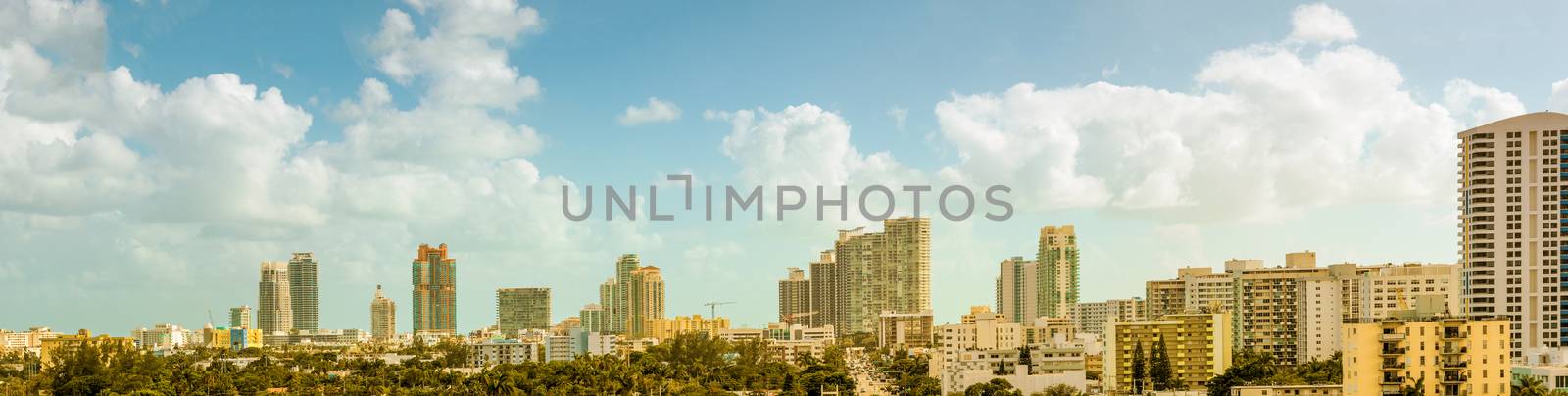 Panoramic shot of skyscrapers at South Beach, Miami Beach, Florida, USA.
