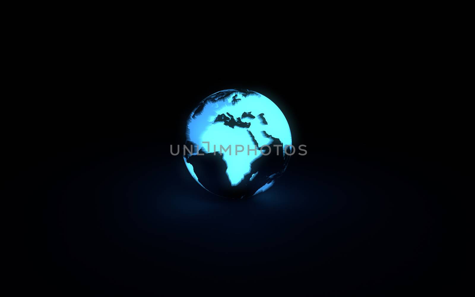 Abstract 3d model of blue glowing earth globe on black background. Front African continent