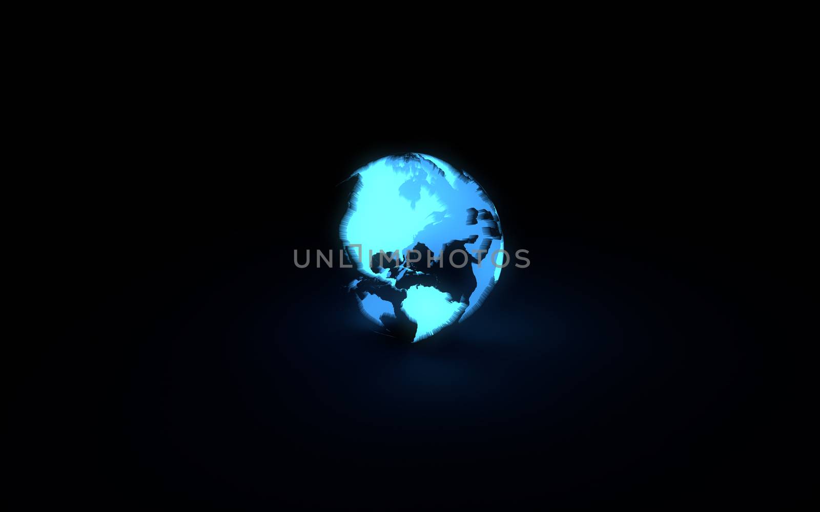Abstract 3d model of blue glowing earth globe on black background. Front American continents