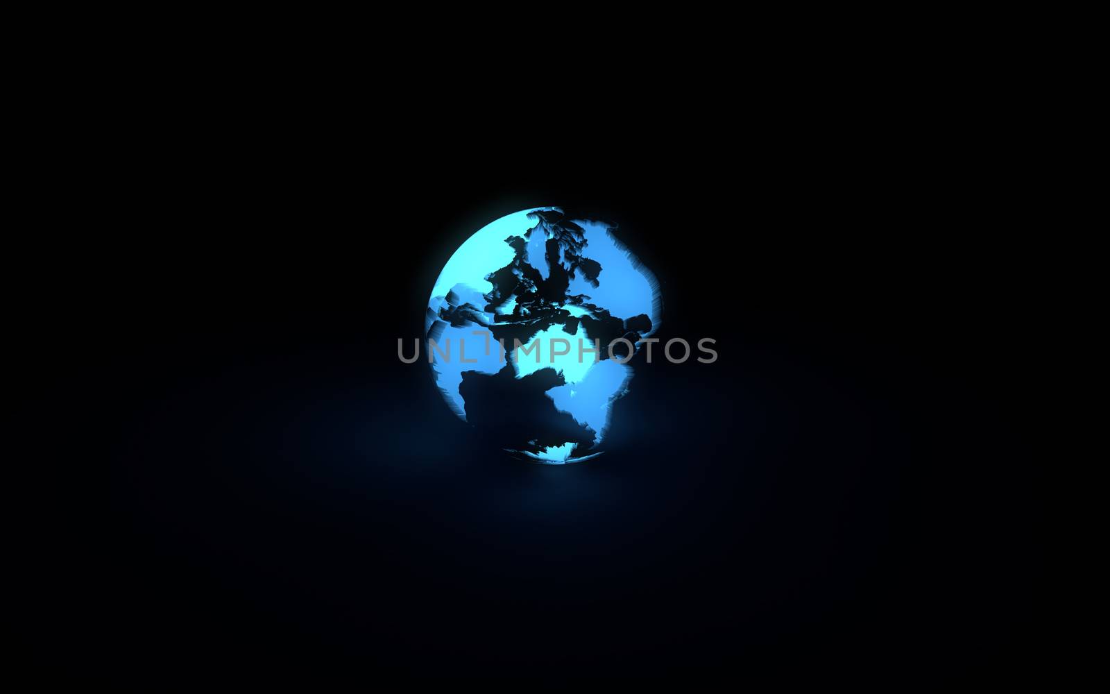 Abstract 3d model of blue glowing earth globe on black background. Front Australian continent