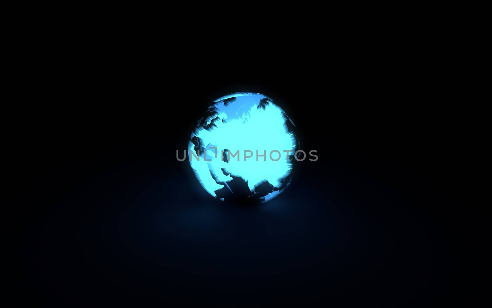 Abstract 3d model of blue glowing earth globe on black background. Front Eurasian continent