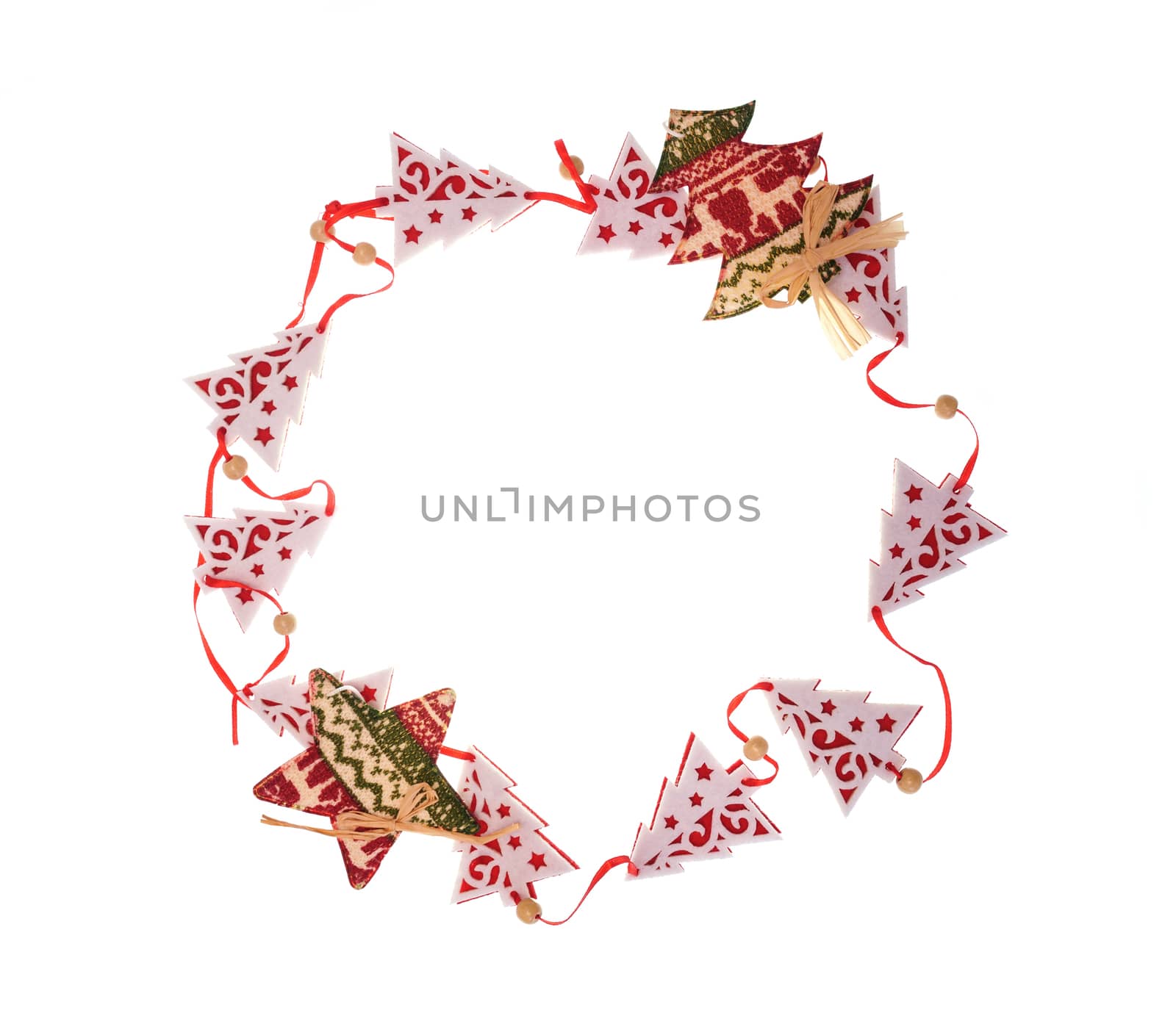 Christmas frame of wooden toy fir trees and stars with place for text.