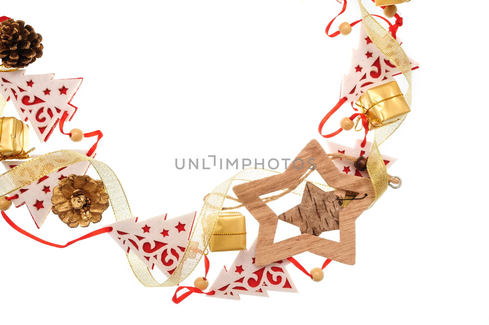 Christmas frame of wooden toy fir trees and stars with place for text.