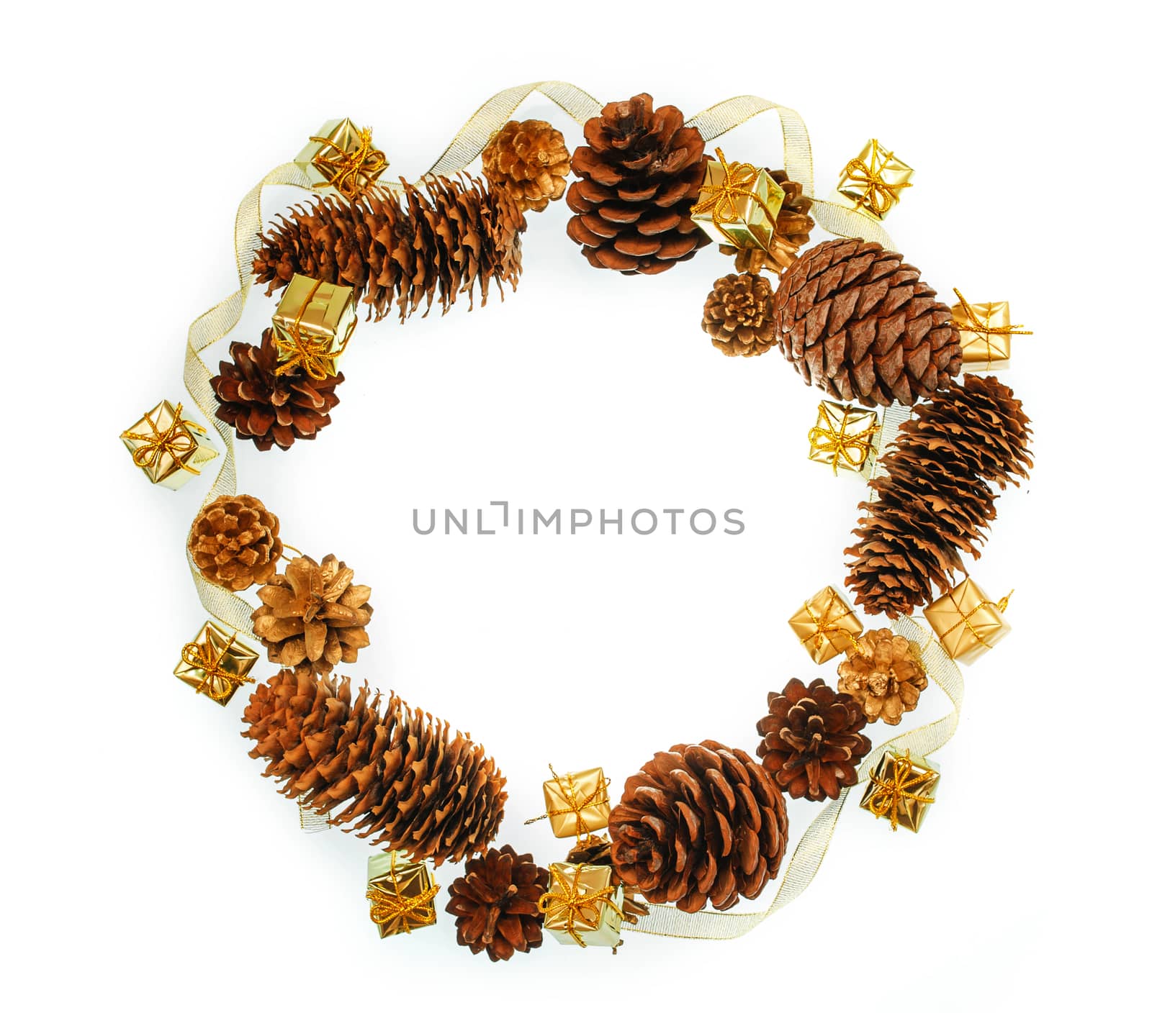 Christmas frame of pine cones and gift boxes on a white background and text.